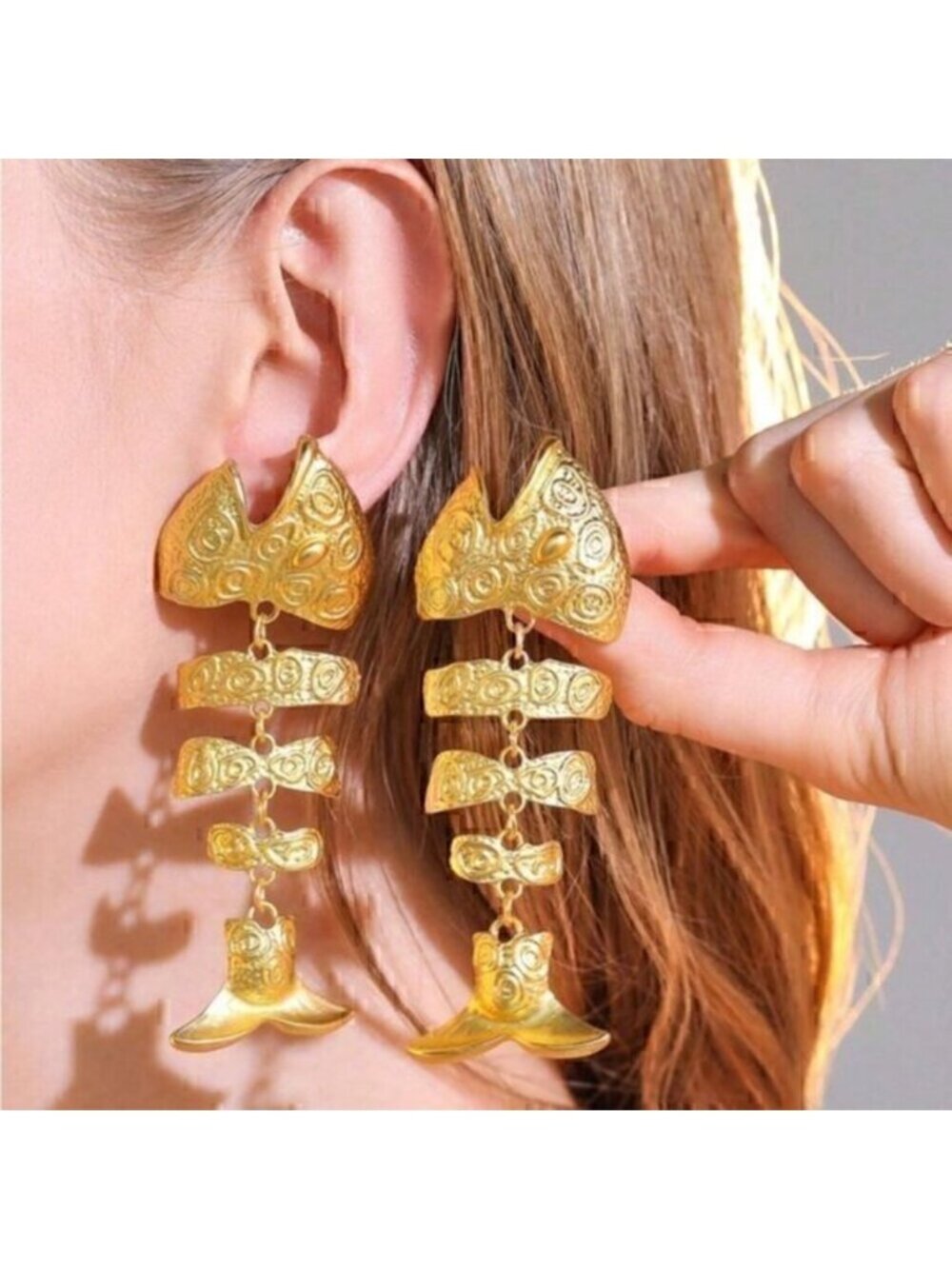 Gold Matte inspired Fish Bone Stud Drop Earrings